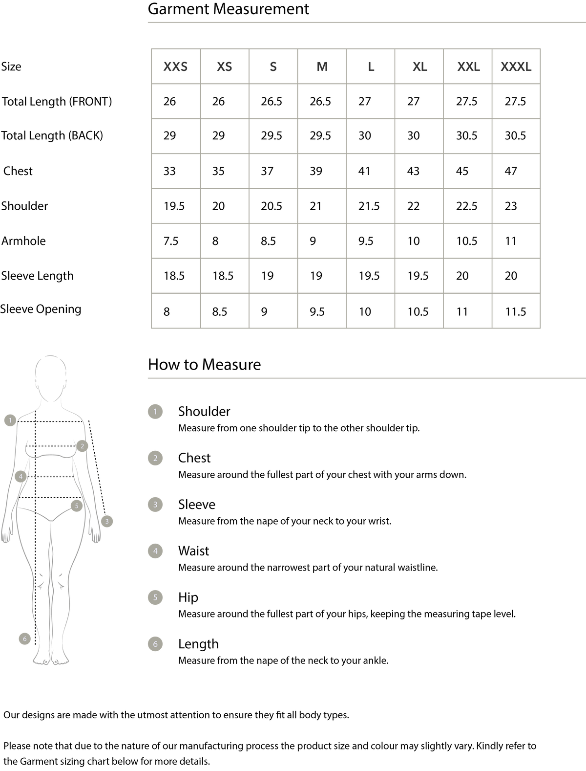 Size chart in inches