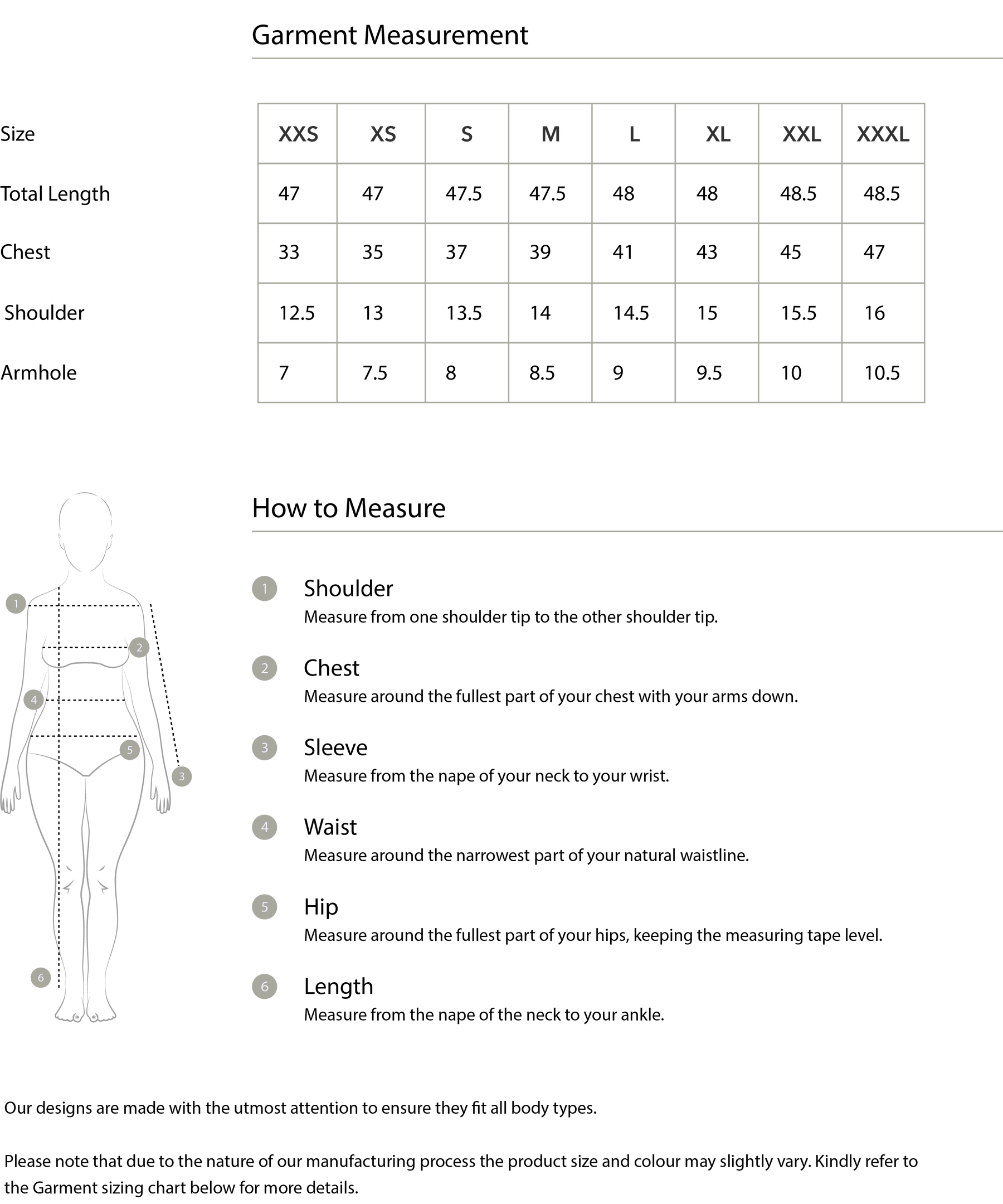 Size chart in inches