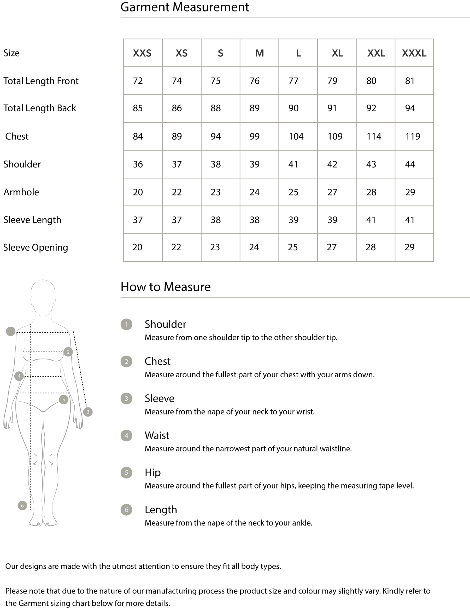 Size chart in centimetres