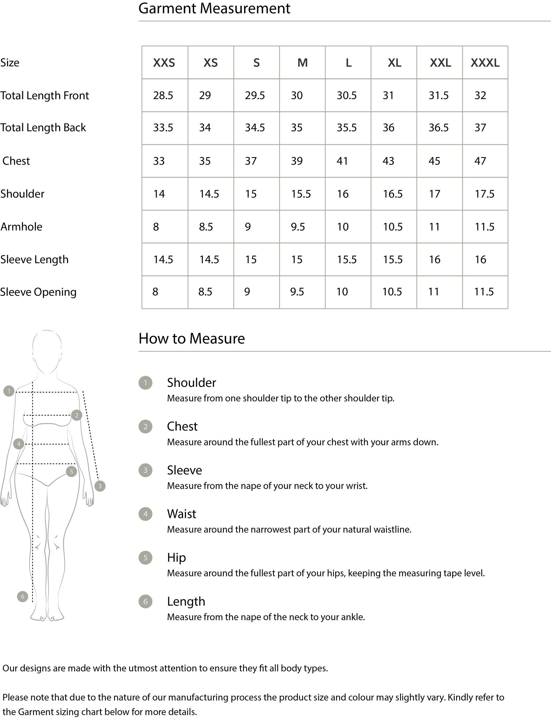 Size chart in inches