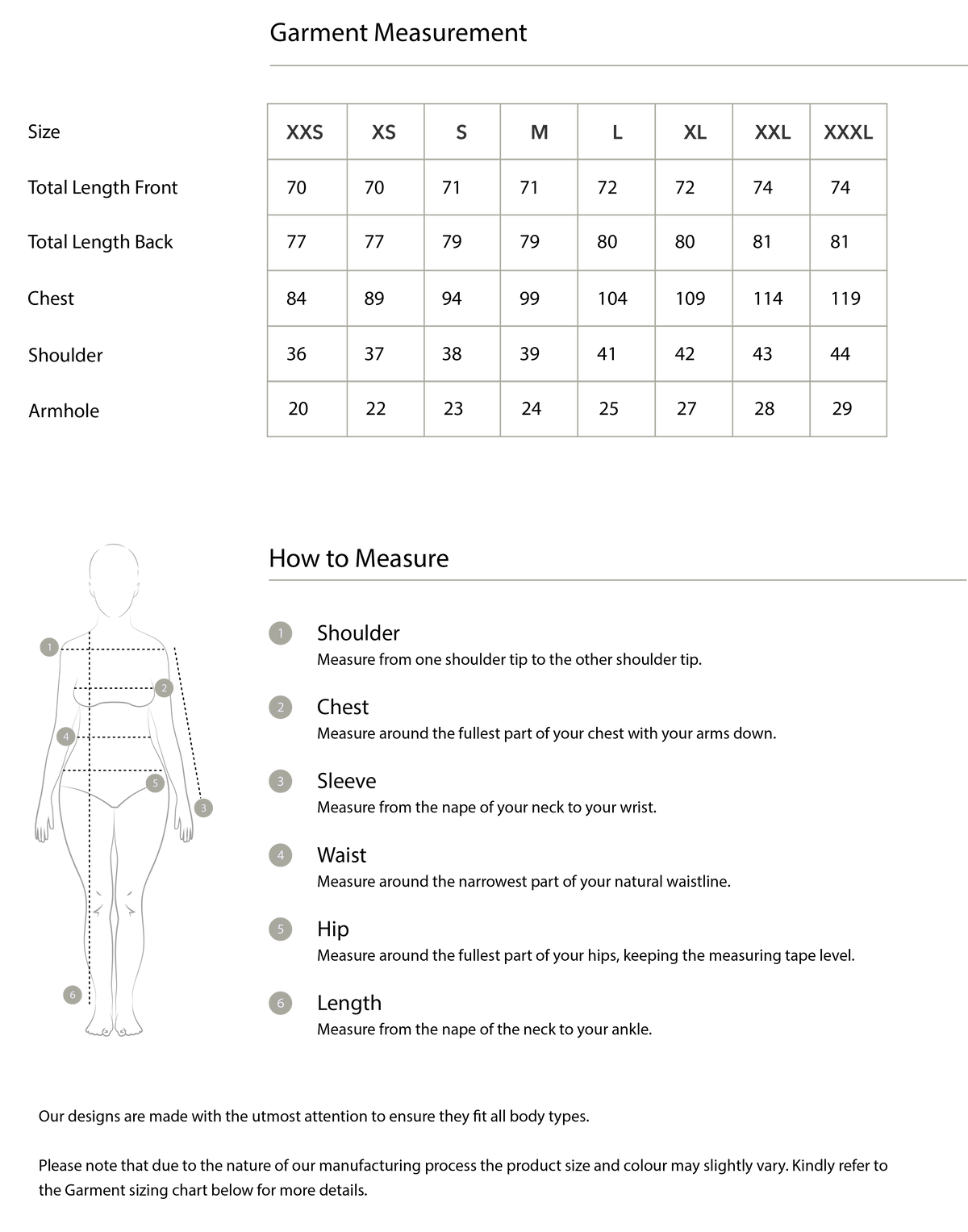 Size chart in centimetres