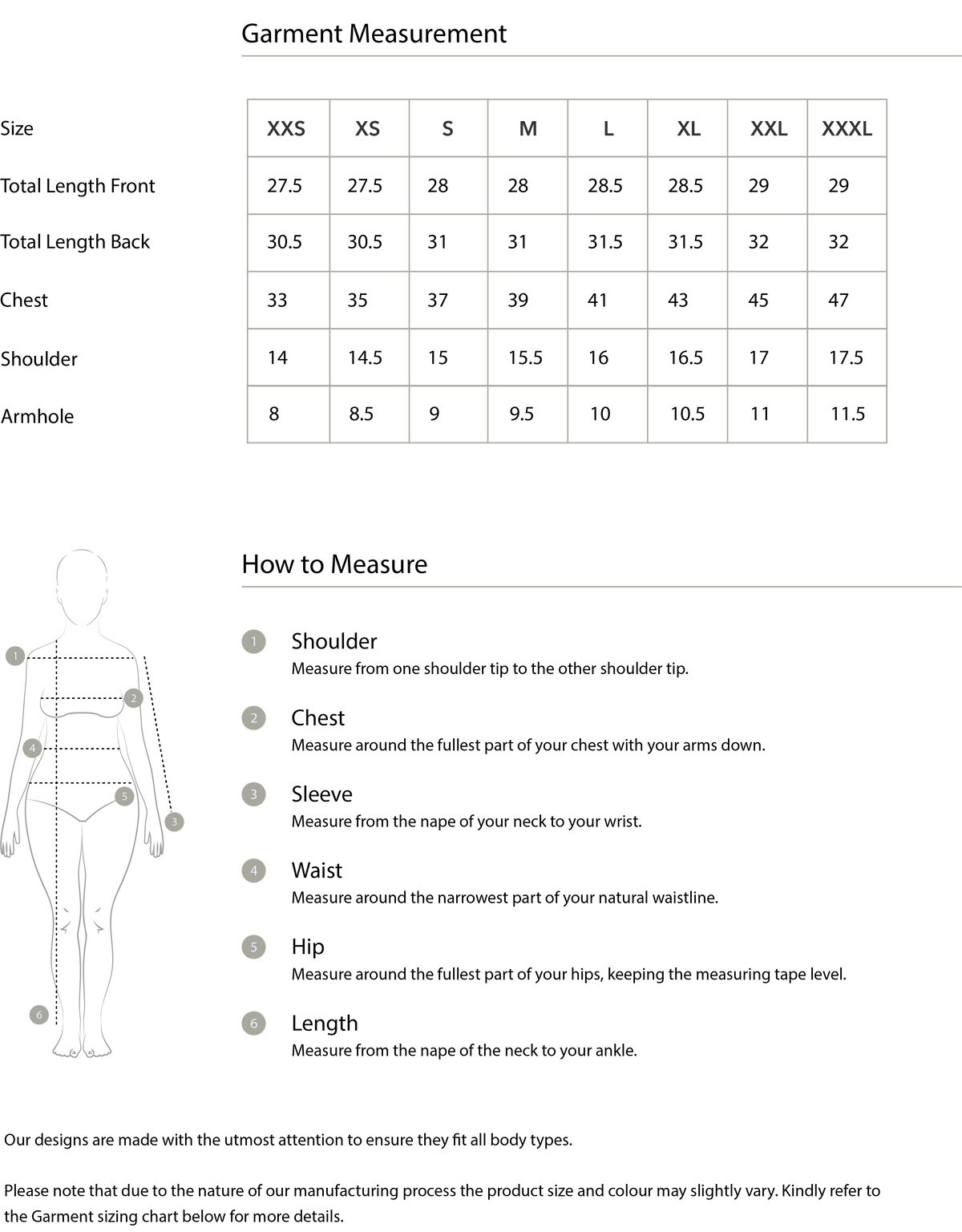 Size chart in inches