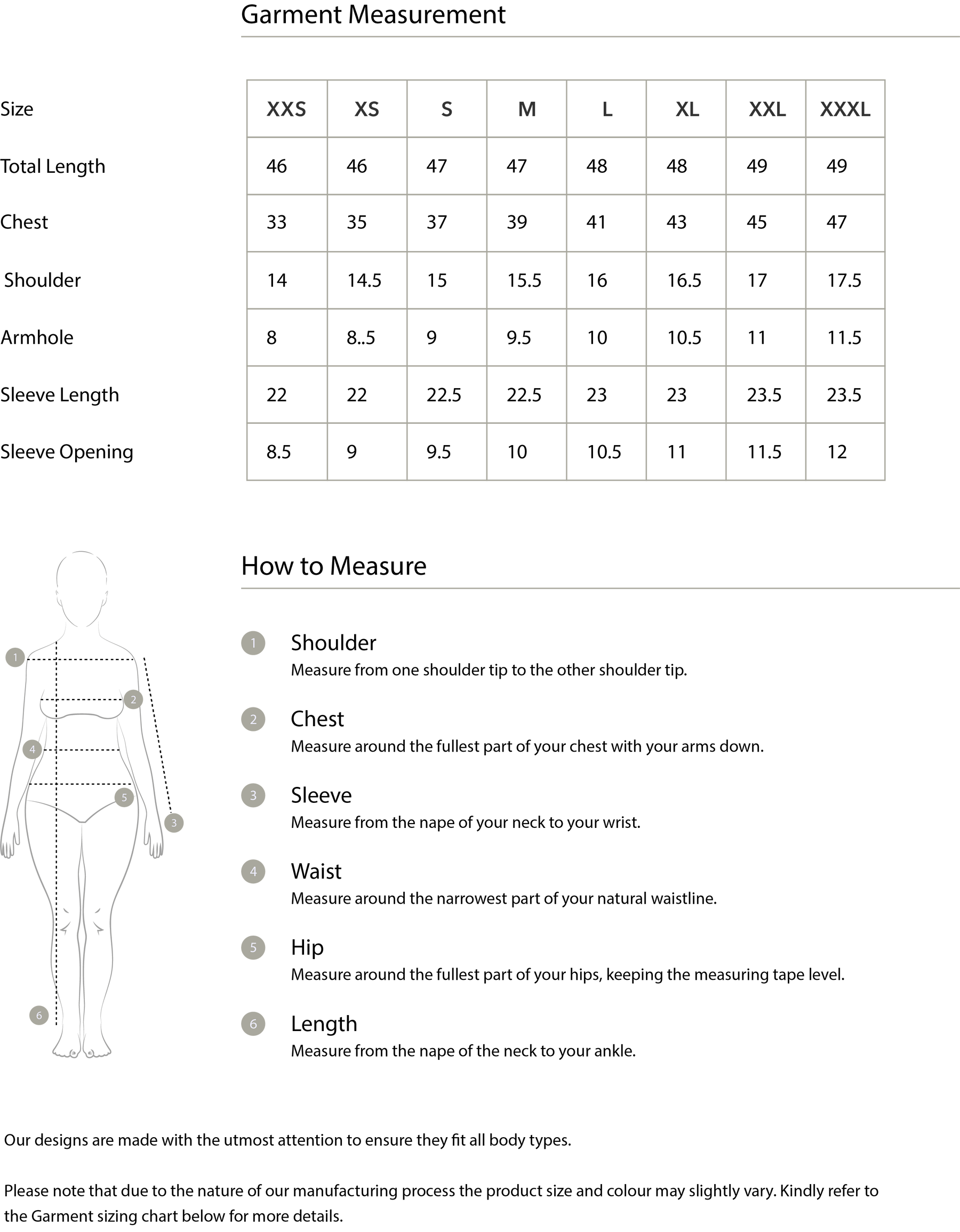 Size chart in inches