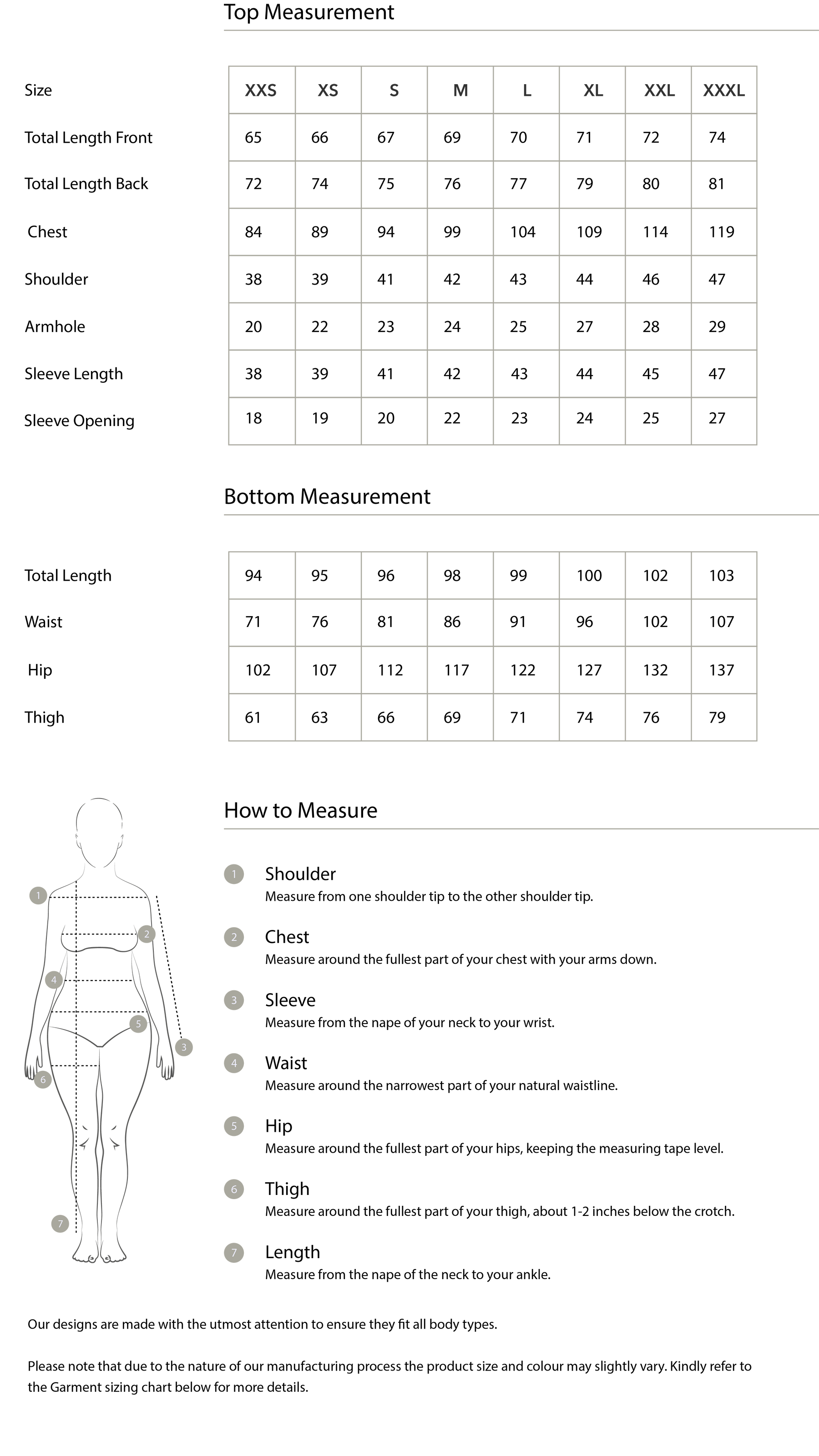 Size chart in centimetres