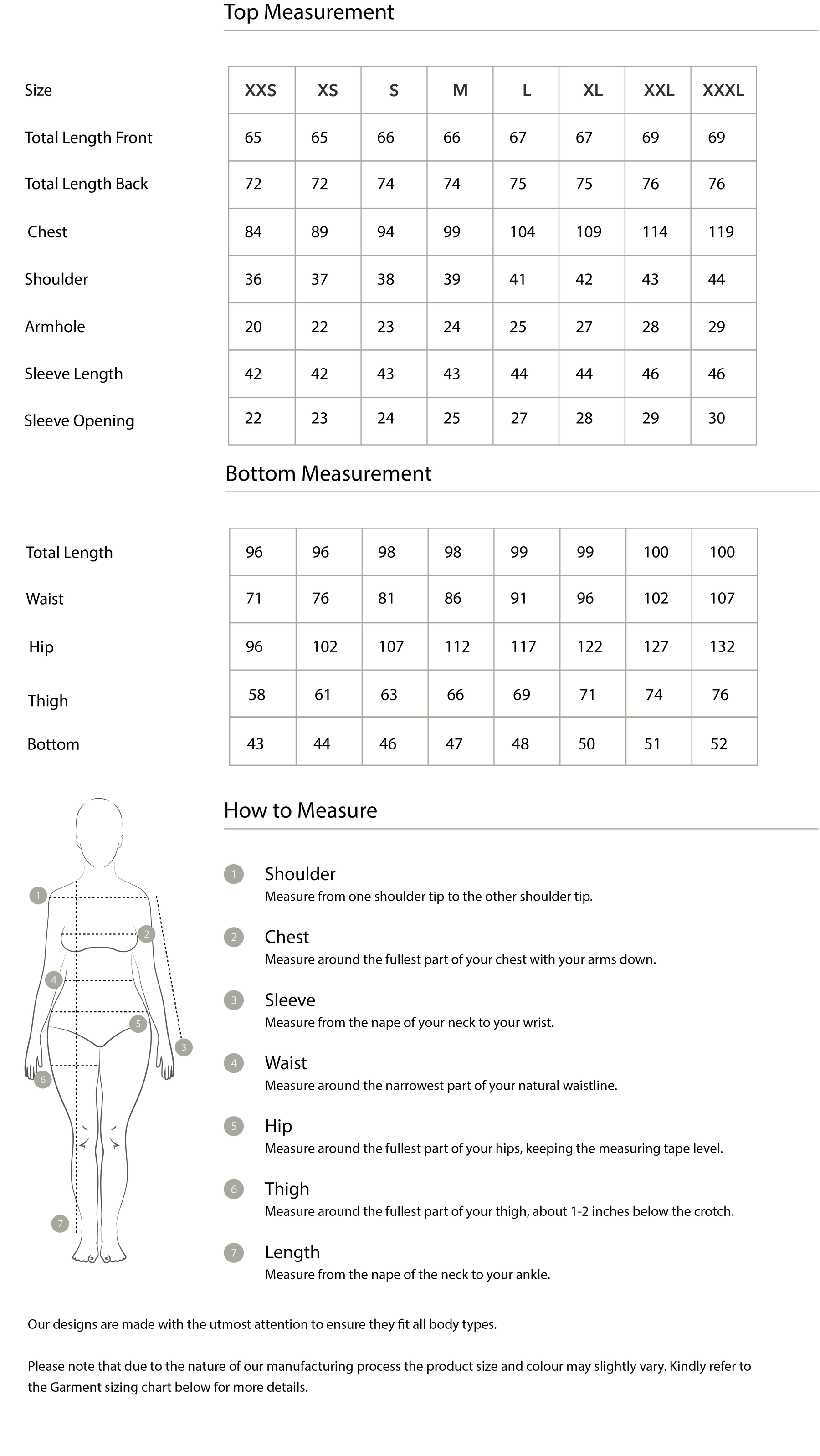 Size chart in centimetres