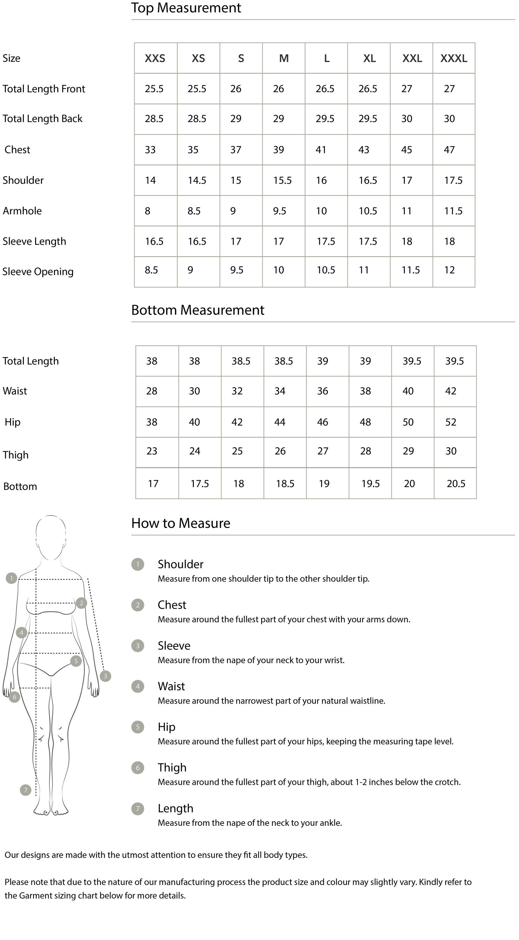 Size chart in inches
