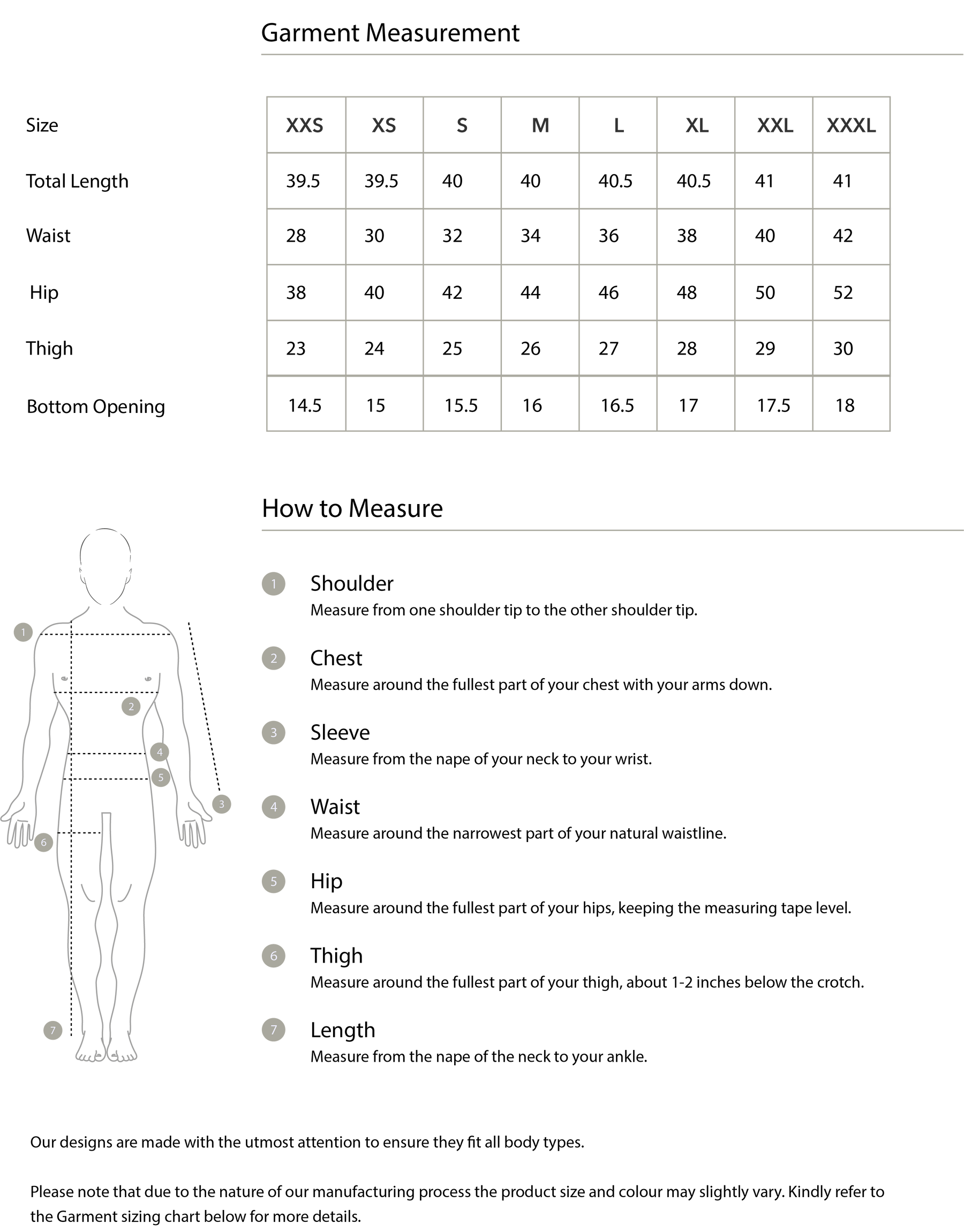 Size chart in inches