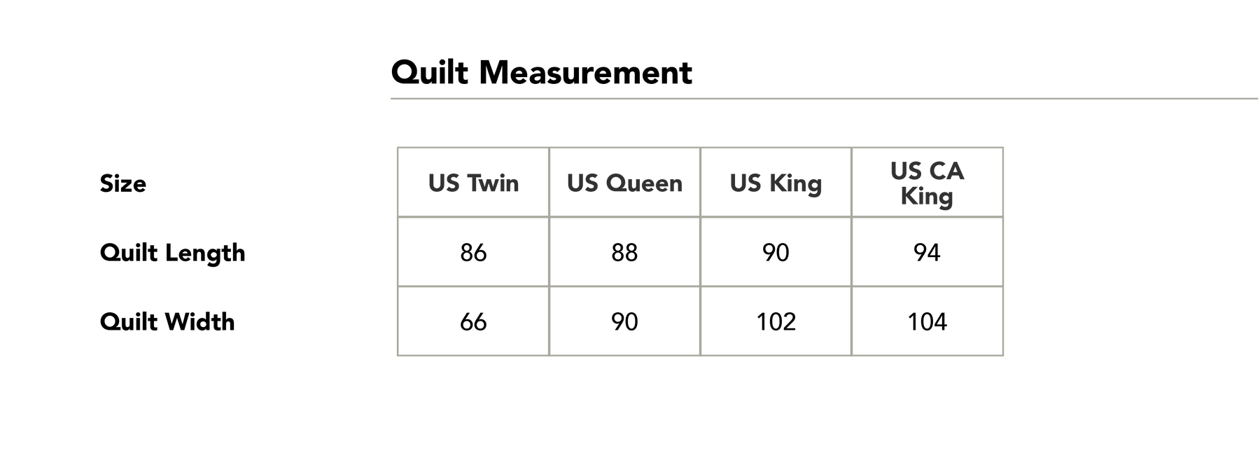 Size chart in inches